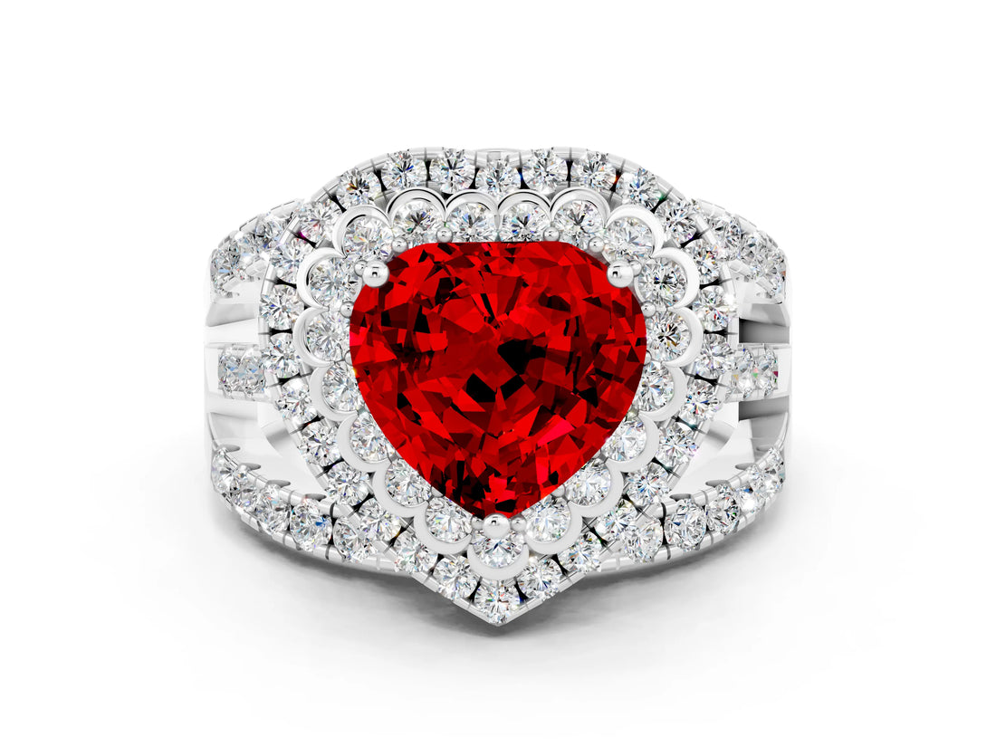 White gold Double Halo Heart Cut Diamond Split Shank Pave Set Ring