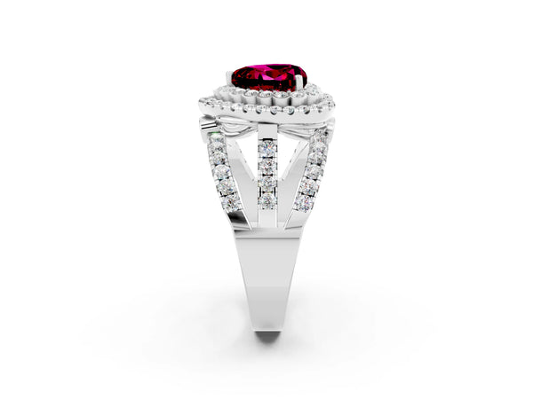 White gold Heart Cut Garnet Double Halo Ring with Round Pavé Split Shank and Prong Setting