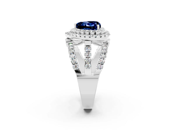 Silver Double Halo Heart Cut Diamond Split Shank Pave Set Ring