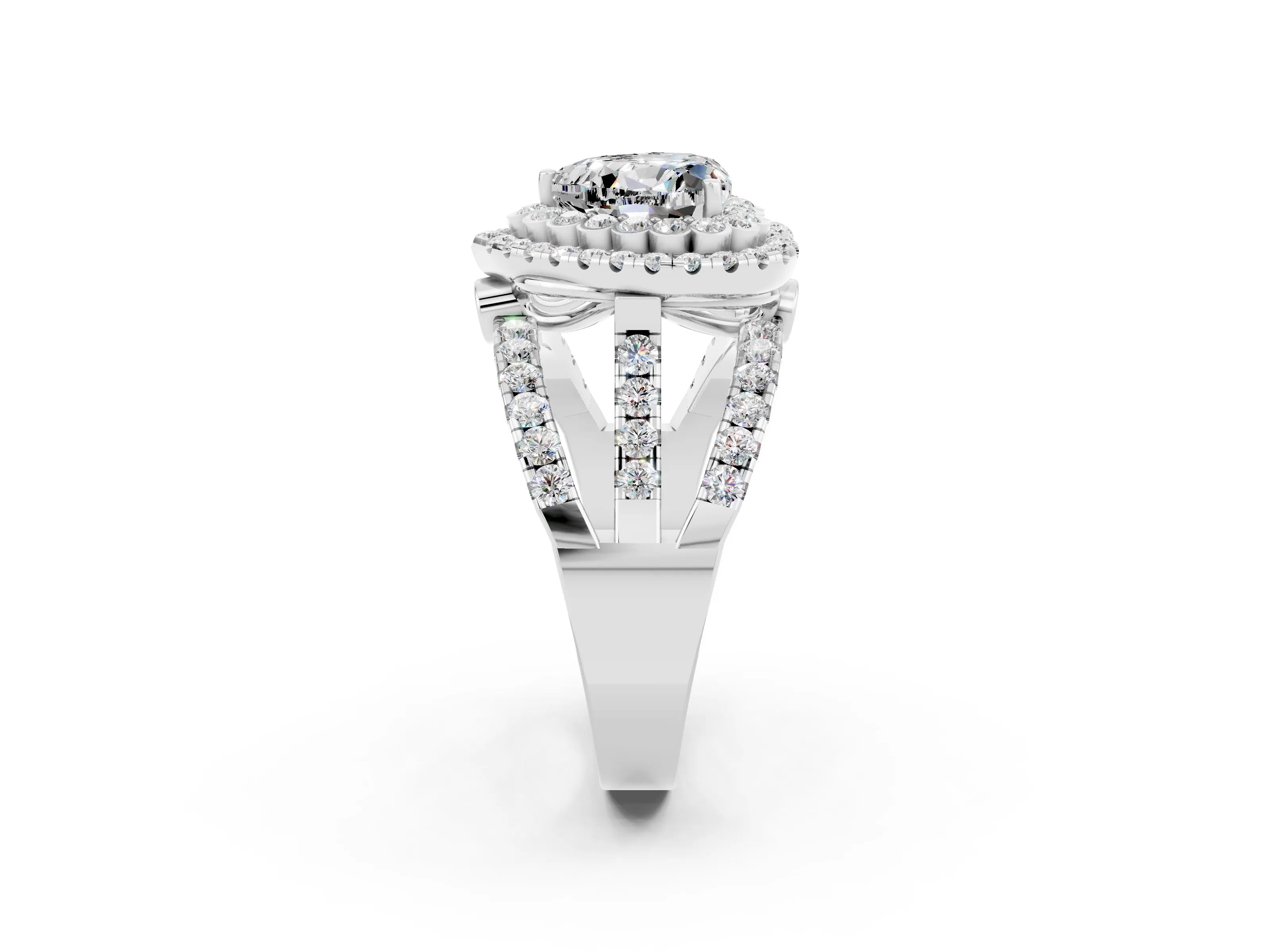 White gold Double Halo Heart Cut Diamond Split Shank Pave Set Ring_2