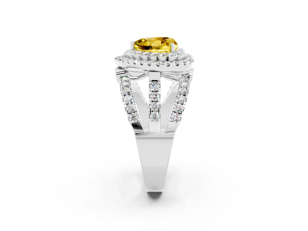 Platinum Heart Cut Yellow Sapphire Double Halo Ring with Round Pavé Split Shank and Prong Setting