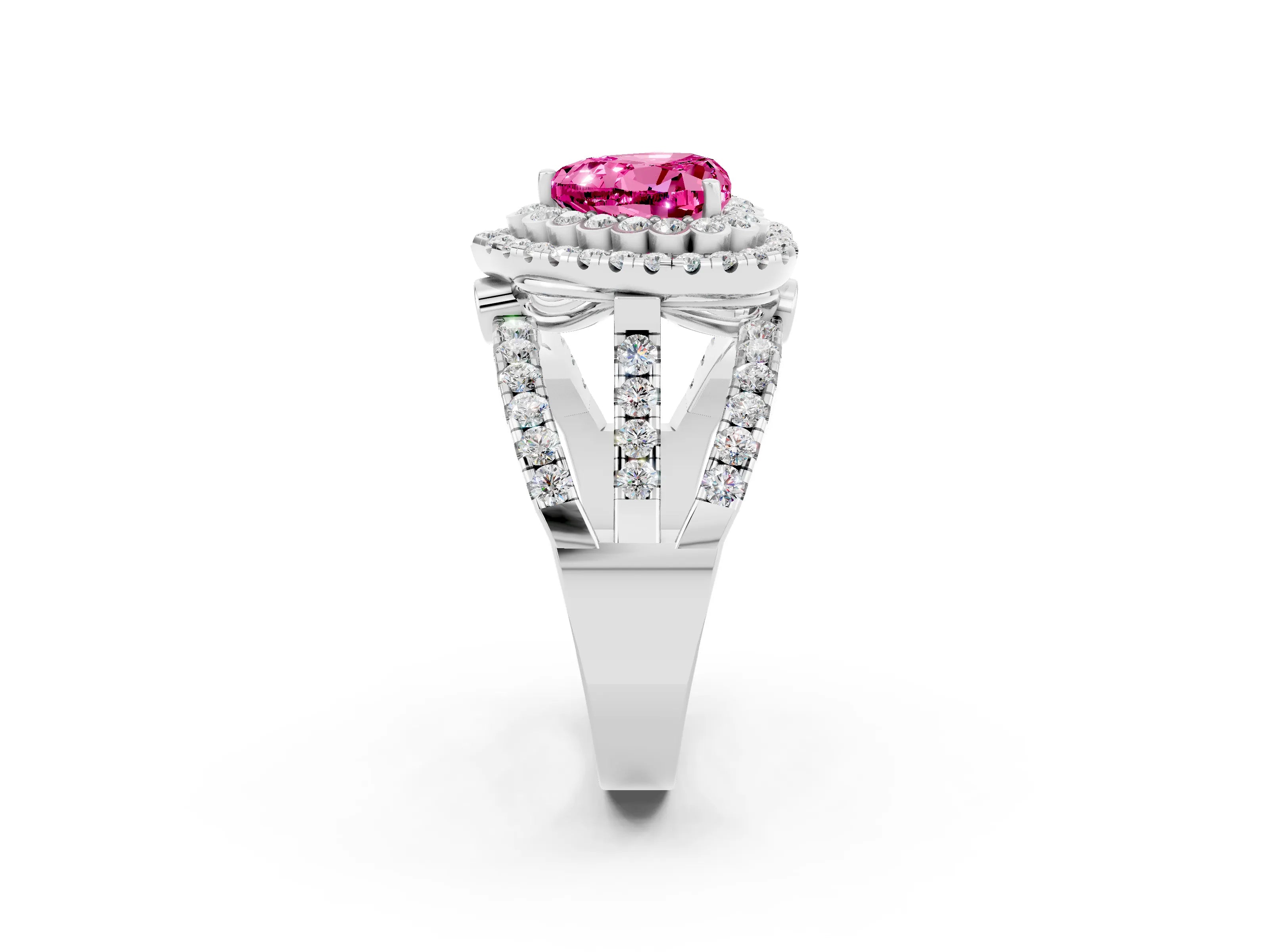 White gold Double Halo Heart Cut Diamond Split Shank Pave Set Ring_2