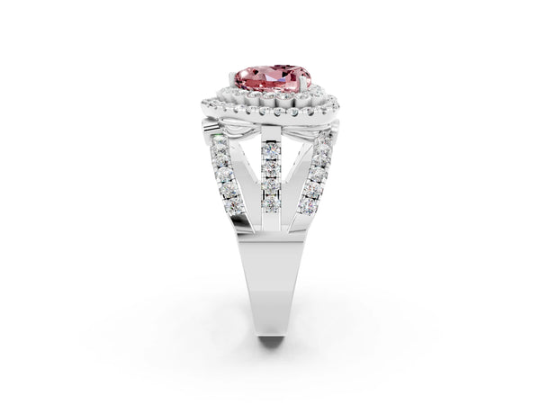 Silver Double Halo Heart Cut Diamond Split Shank Pave Set Ring