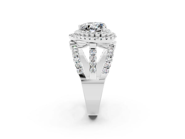 Silver Heart Cut Moissanite Double Halo Ring with Round Pavé Split Shank and Prong Setting