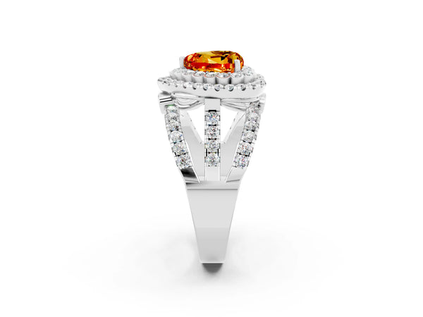 Platinum Heart Cut Citrine Double Halo Ring with Round Pavé Split Shank and Prong Setting