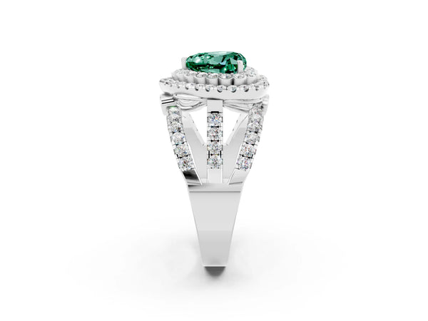 White gold Heart Cut Green Sapphire Double Halo Ring with Round Pavé Split Shank and Prong Setting