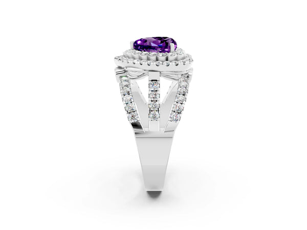 White gold Heart Cut Amethyst Double Halo Ring with Round Pavé Split Shank and Prong Setting