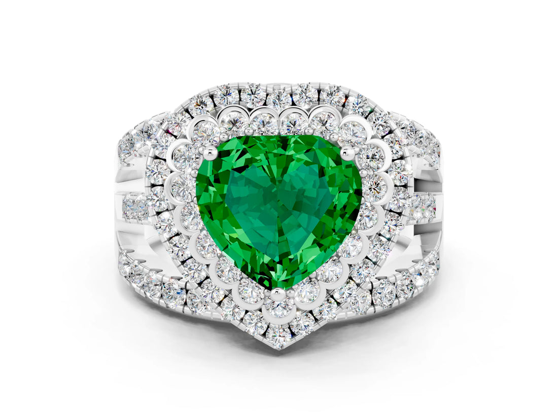 White gold Double Halo Heart Cut Diamond Split Shank Pave Set Ring
