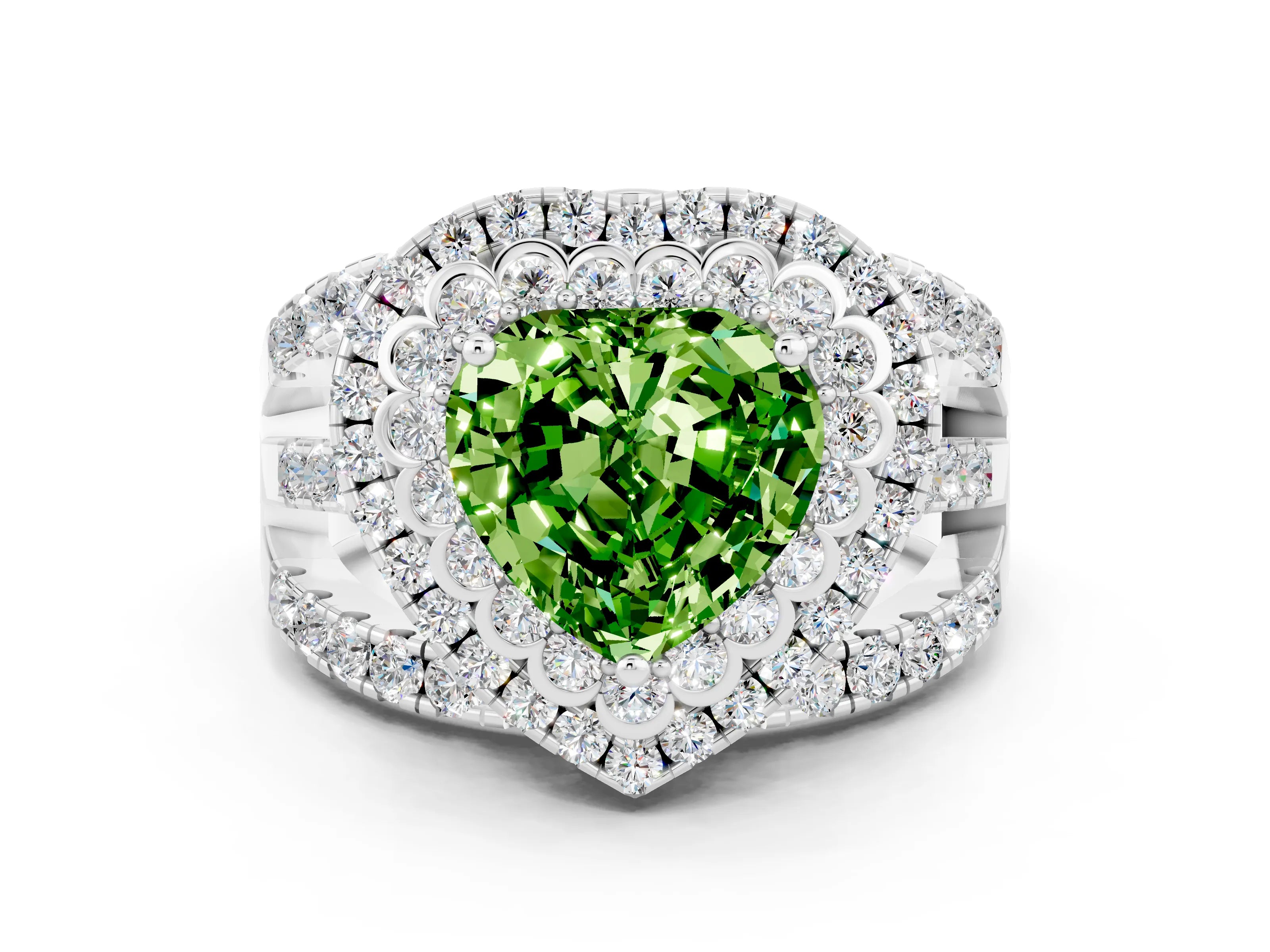 White gold Double Halo Heart Cut Diamond Split Shank Pave Set Ring