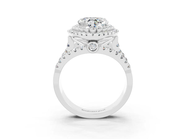 Silver Heart Cut Moissanite Double Halo Ring with Round Pavé Split Shank and Prong Setting