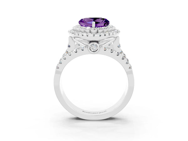 White gold Heart Cut Amethyst Double Halo Ring with Round Pavé Split Shank and Prong Setting