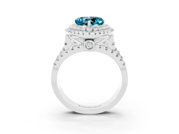 White gold Double Halo Heart Cut Diamond Split Shank Pave Set Ring
