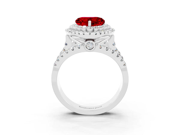 Silver Double Halo Heart Cut Diamond Split Shank Pave Set Ring