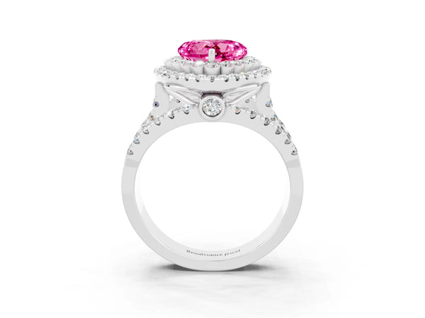 Platinum Double Halo Heart Cut Diamond Split Shank Pave Set Ring