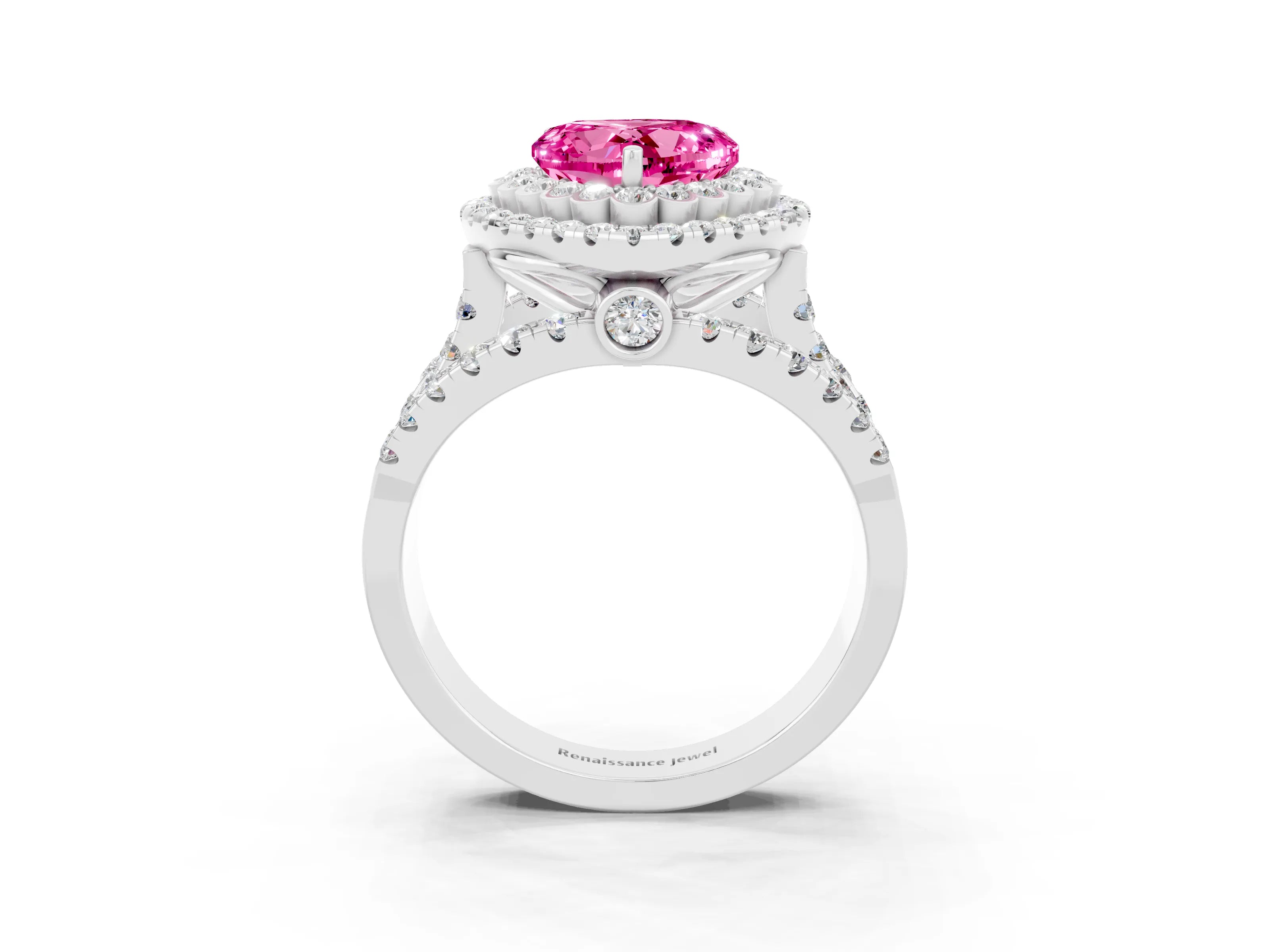White gold Double Halo Heart Cut Diamond Split Shank Pave Set Ring_3
