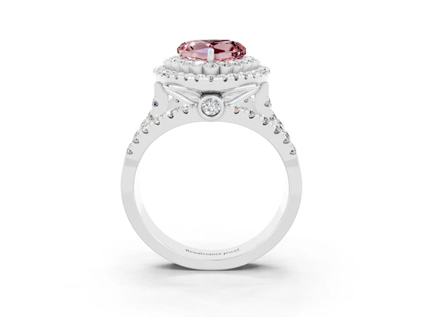 Silver Double Halo Heart Cut Diamond Split Shank Pave Set Ring