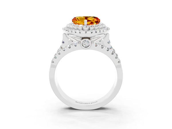 Platinum Heart Cut Citrine Double Halo Ring with Round Pavé Split Shank and Prong Setting