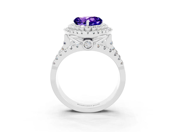Silver Heart Cut Tanzanite Double Halo Ring with Round Pavé Split Shank and Prong Setting