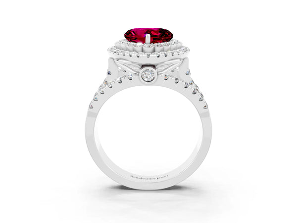 Silver Heart Cut Garnet Double Halo Ring with Round Pavé Split Shank and Prong Setting