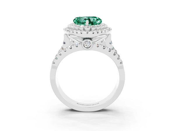 Platinum Heart Cut Green Sapphire Double Halo Ring with Round Pavé Split Shank and Prong Setting