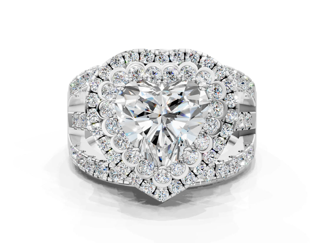 White gold Double Halo Heart Cut Diamond Split Shank Pave Set Ring_3