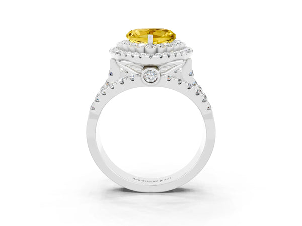 Platinum Heart Cut Yellow Sapphire Double Halo Ring with Round Pavé Split Shank and Prong Setting