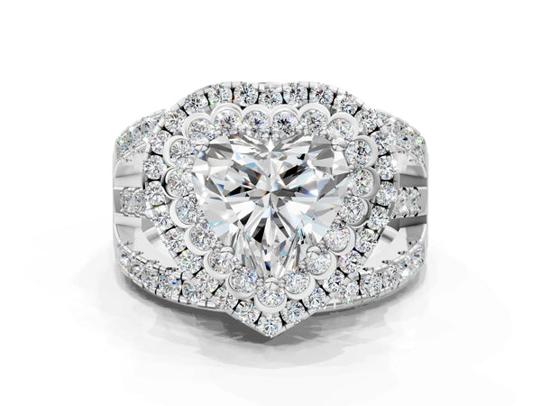 Platinum 1.56 Carat D VVS2 Heart Diamond Double Halo Ring with Round Pavé Split Shank and Prong Setting