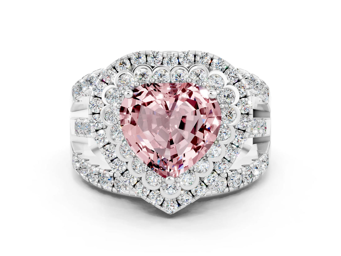 White gold Double Halo Heart Cut Diamond Split Shank Pave Set Ring