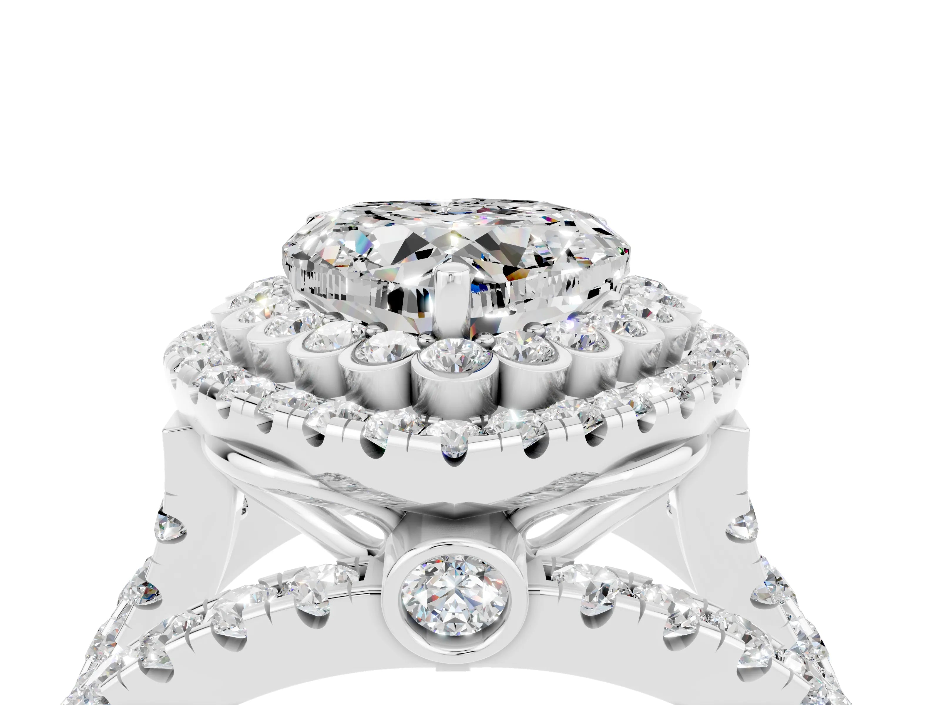 White gold Double Halo Heart Cut Diamond Split Shank Pave Set Ring_4