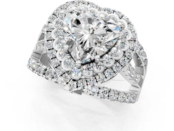 Platinum 1.56 Carat D VVS2 Heart Diamond Double Halo Ring with Round Pavé Split Shank and Prong Setting