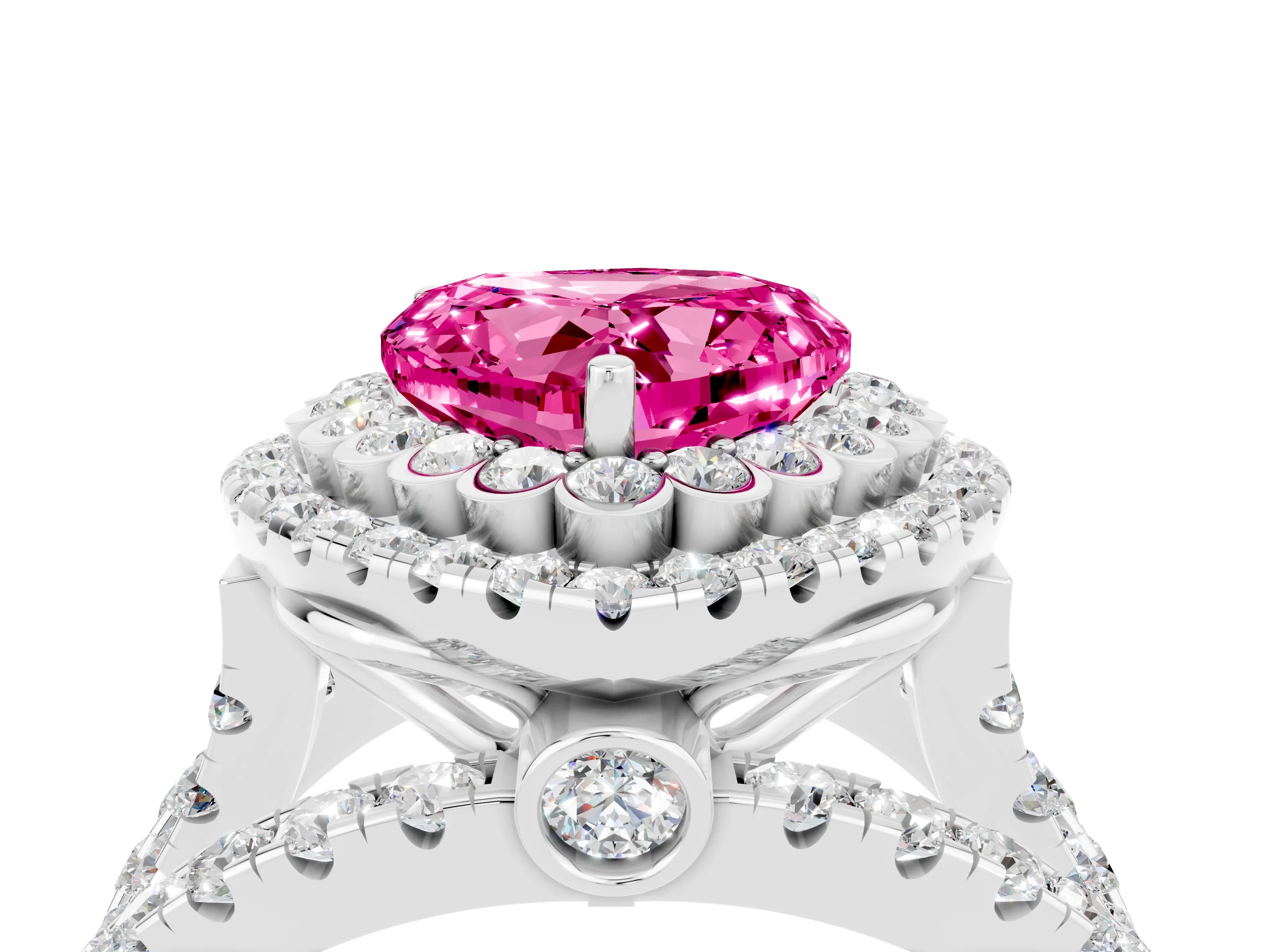 White gold Double Halo Heart Cut Diamond Split Shank Pave Set Ring_4