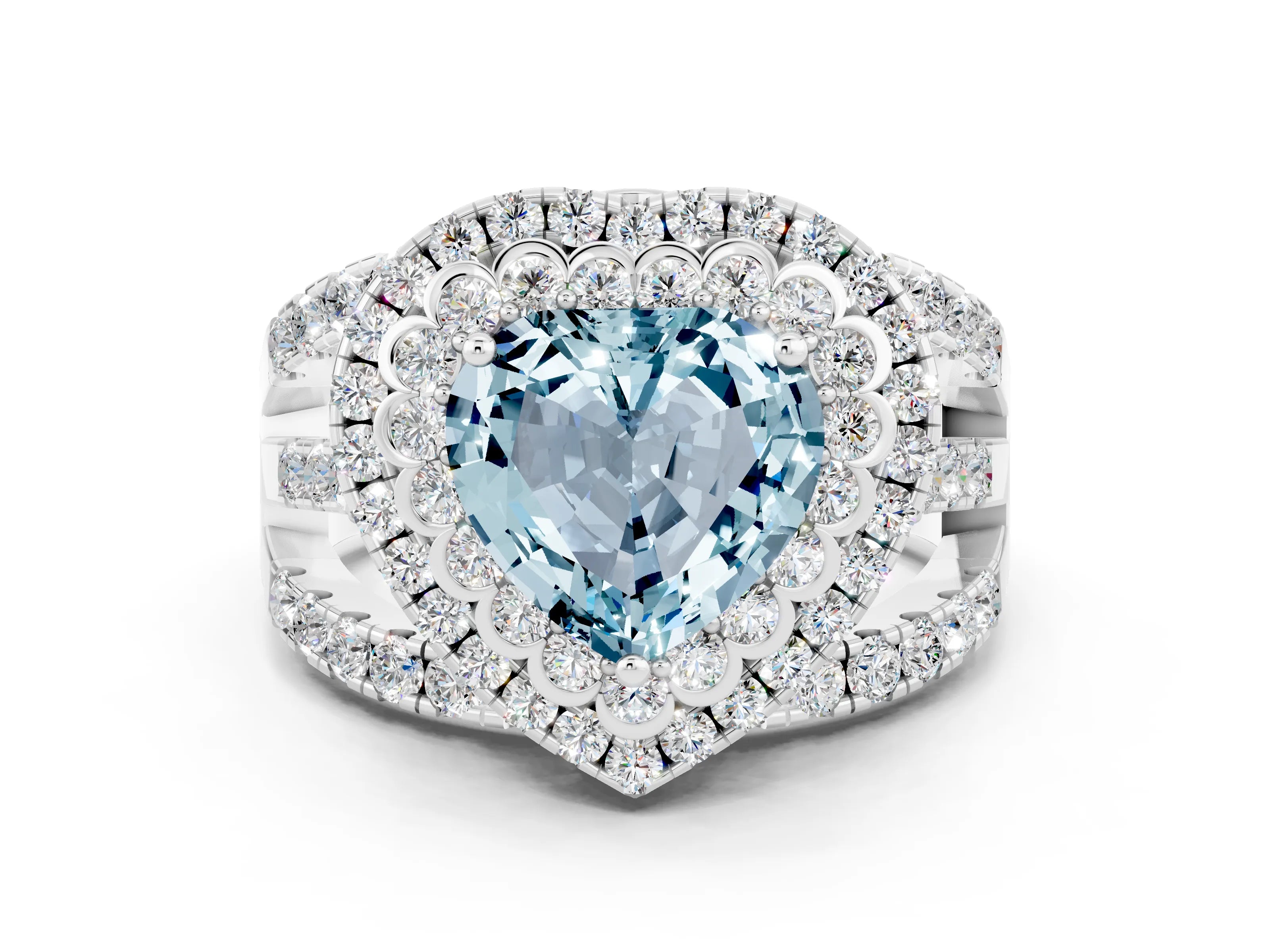 White gold Double Halo Heart Cut Diamond Split Shank Pave Set Ring