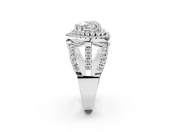Platinum 1.56 Carat D VVS2 Heart Diamond Double Halo Ring with Round Pavé Split Shank and Prong Setting