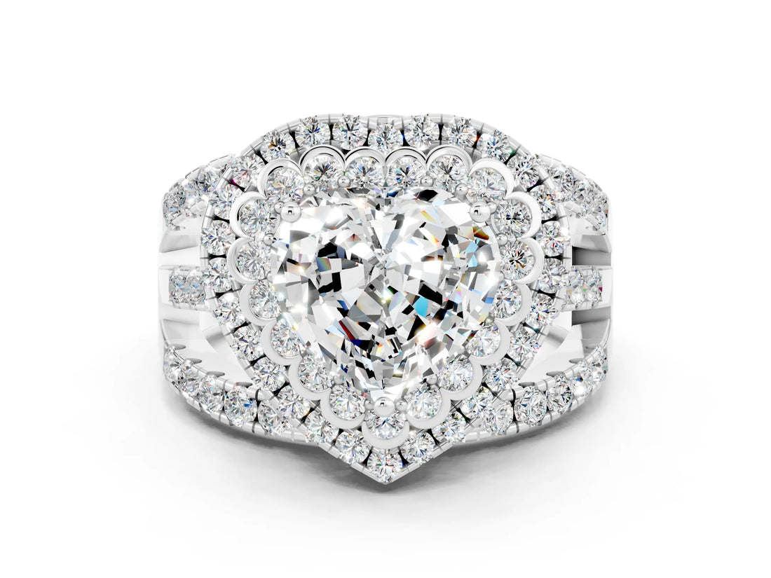 White gold Double Halo Heart Cut Diamond Split Shank Pave Set Ring