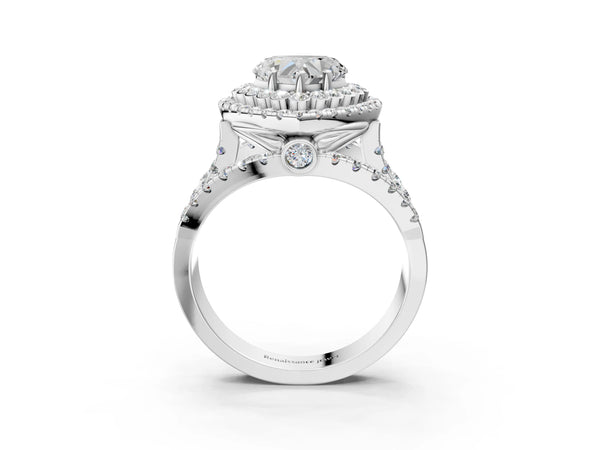 Platinum 1.56 Carat D VVS2 Heart Diamond Double Halo Ring with Round Pavé Split Shank and Prong Setting