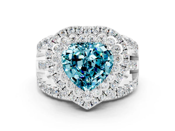 White gold Double Halo Heart Cut Diamond Split Shank Pave Set Ring
