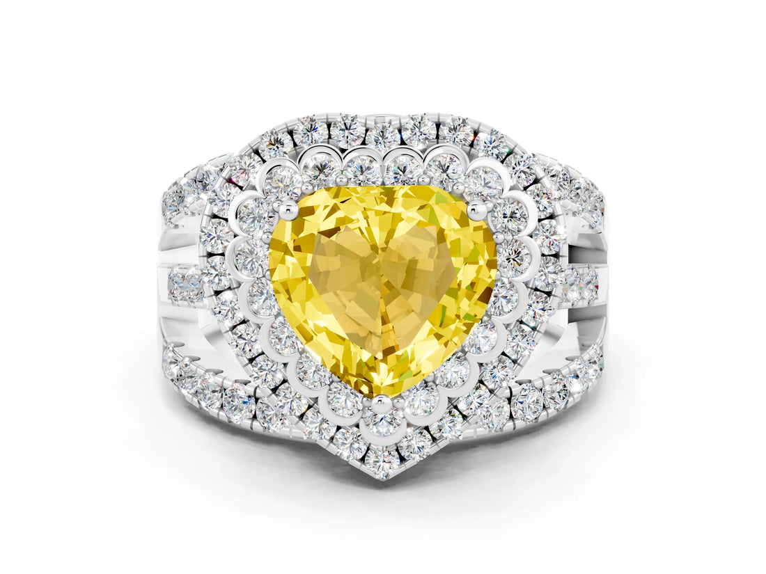 White gold Double Halo Heart Cut Diamond Split Shank Pave Set Ring