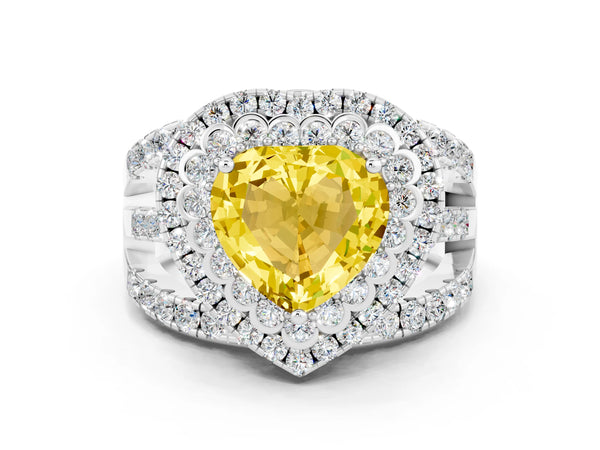 Platinum Heart Cut Yellow Sapphire Double Halo Ring with Round Pavé Split Shank and Prong Setting