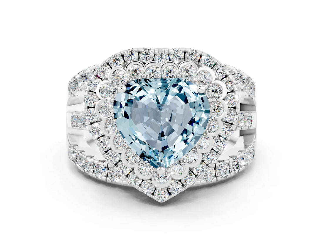 White gold Double Halo Heart Cut Diamond Split Shank Pave Set Ring