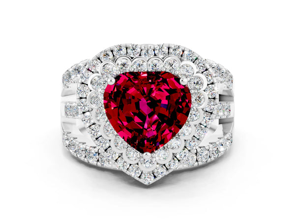 Silver Heart Cut Garnet Double Halo Ring with Round Pavé Split Shank and Prong Setting