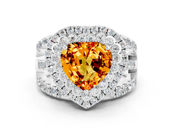 Platinum Heart Cut Citrine Double Halo Ring with Round Pavé Split Shank and Prong Setting