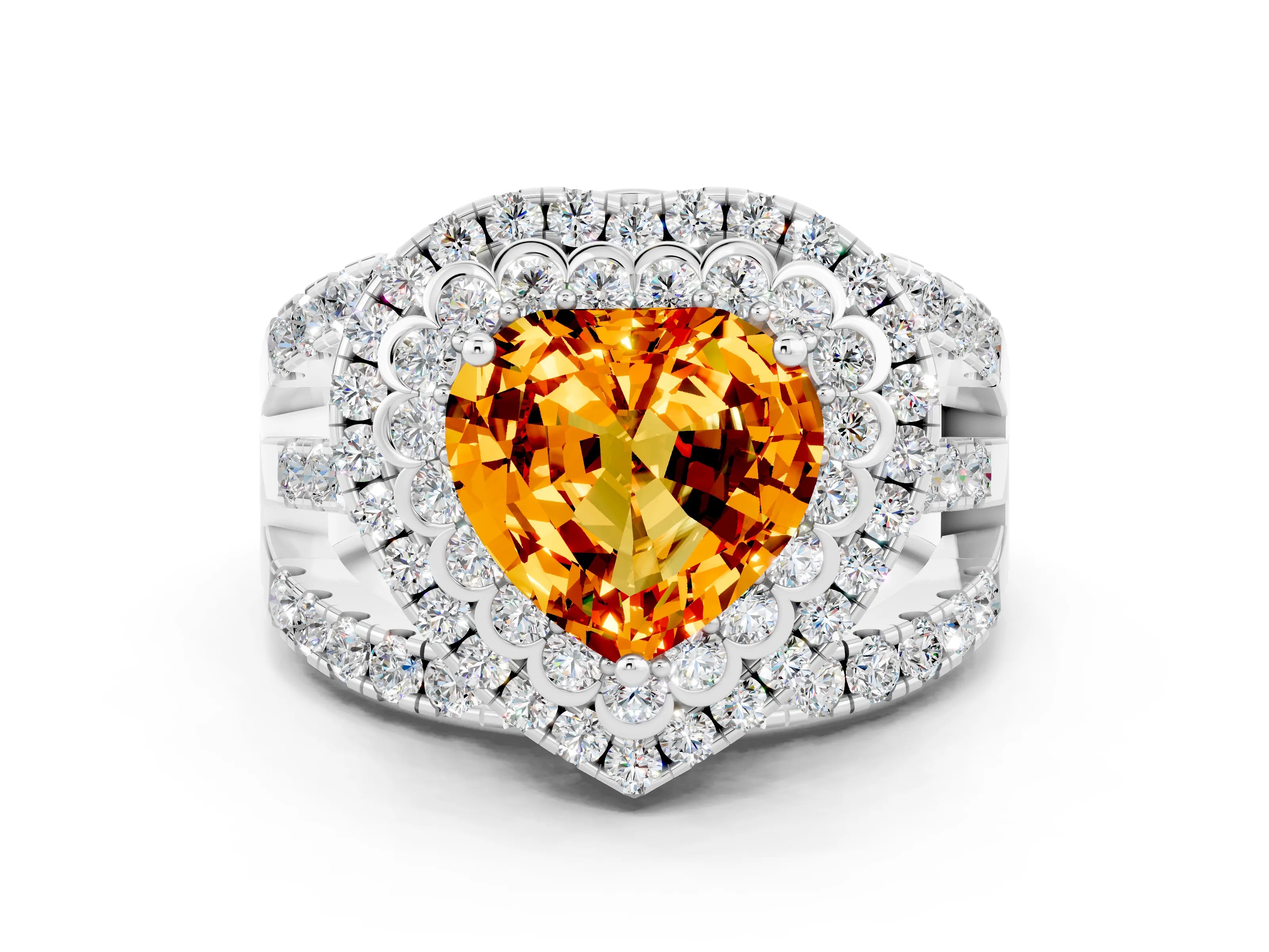 White gold Double Halo Heart Cut Diamond Split Shank Pave Set Ring