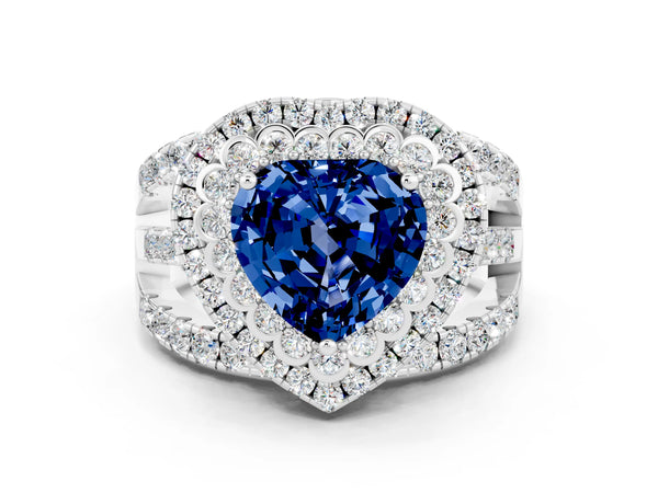 White gold Double Halo Heart Cut Diamond Split Shank Pave Set Ring