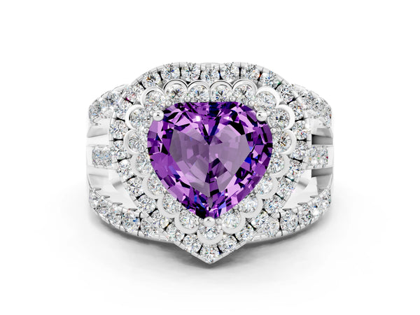 White gold Heart Cut Amethyst Double Halo Ring with Round Pavé Split Shank and Prong Setting
