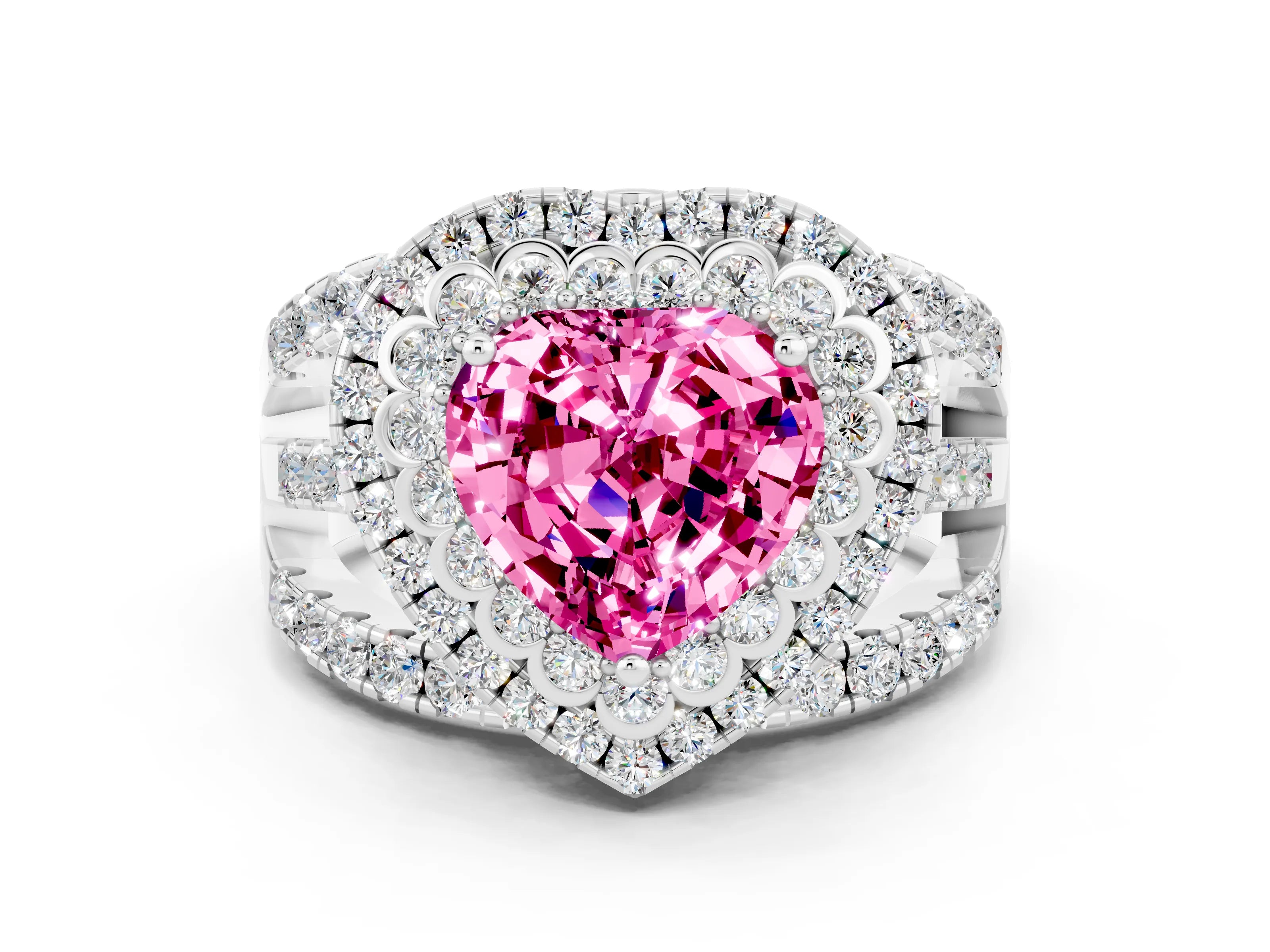 White gold Double Halo Heart Cut Diamond Split Shank Pave Set Ring