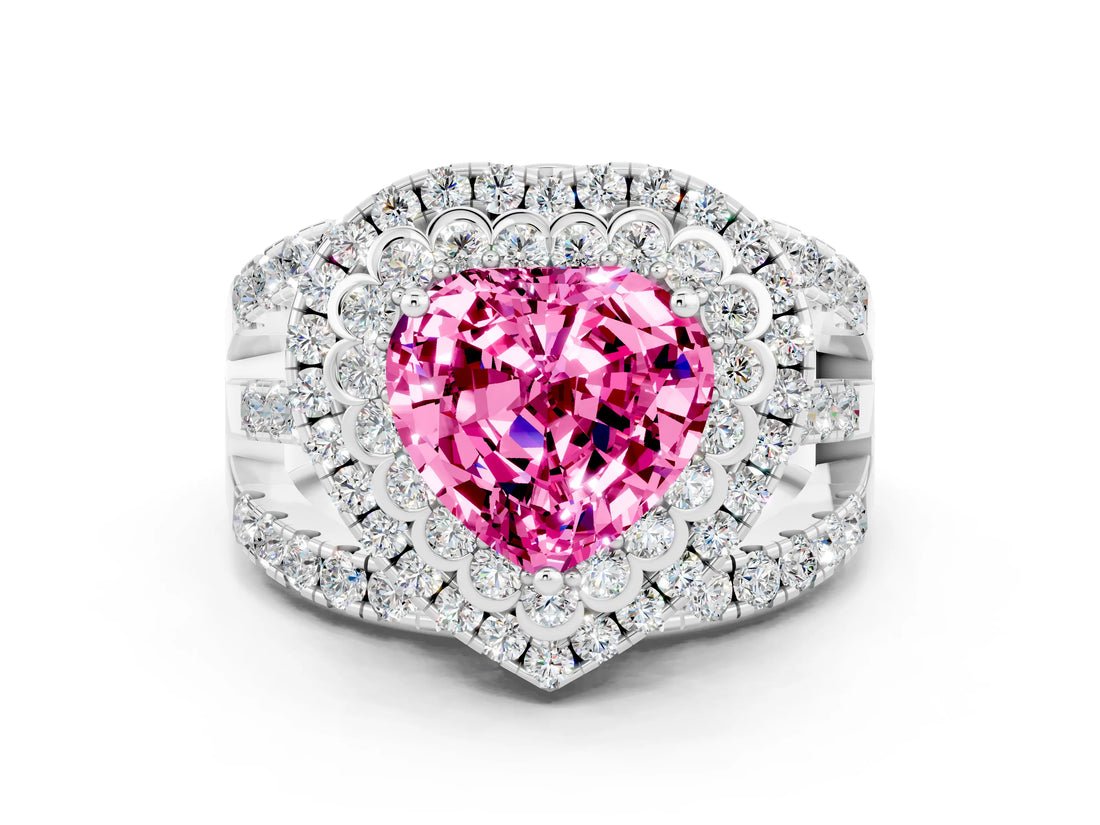 White gold Double Halo Heart Cut Diamond Split Shank Pave Set Ring