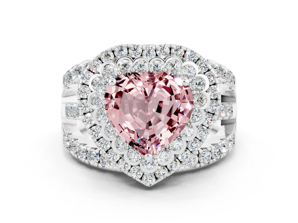 Silver Double Halo Heart Cut Diamond Split Shank Pave Set Ring