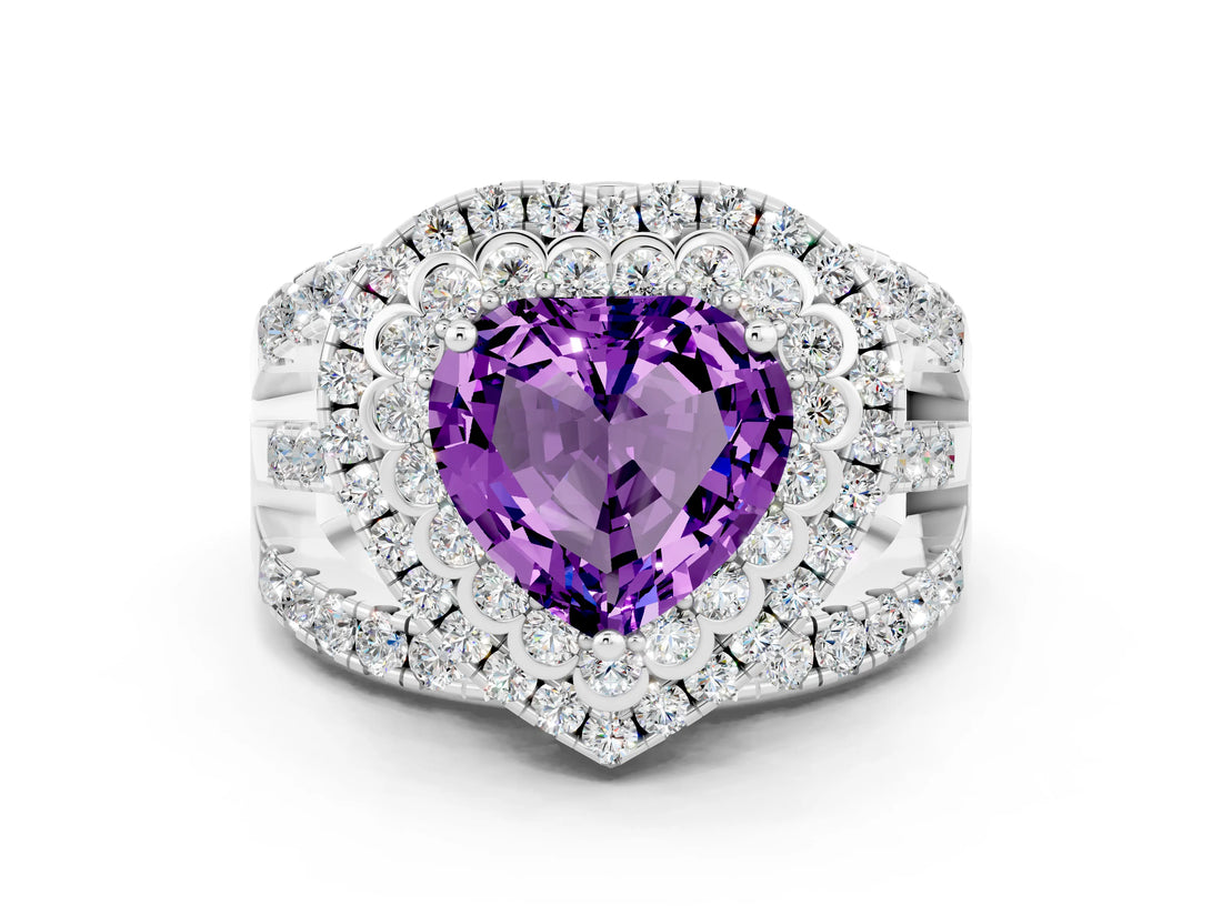 White gold Double Halo Heart Cut Diamond Split Shank Pave Set Ring