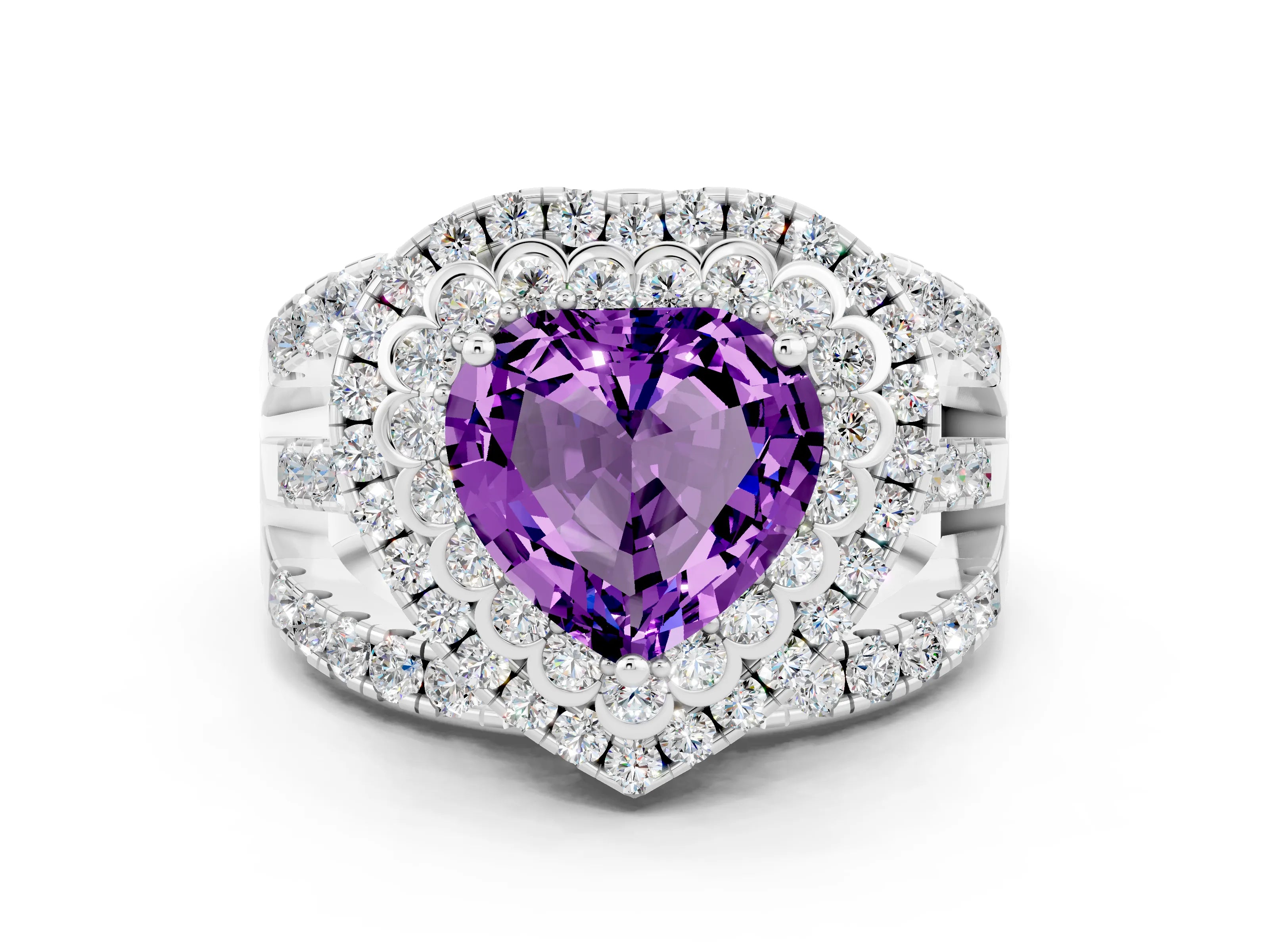 White gold Double Halo Heart Cut Diamond Split Shank Pave Set Ring