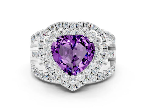 White gold Double Halo Heart Cut Diamond Split Shank Pave Set Ring
